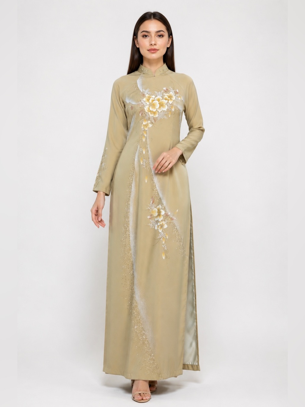 Vietnamese Ao Dai Style Dress Floral Embroidered Embellished Long Oriental Women